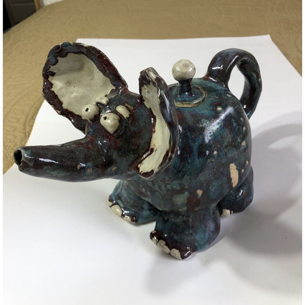 Vtg Large Studio Pottery Elephant Teapot Whimsical Drip Glaze Artisan Decor 7lbs
